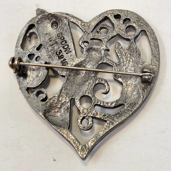 Spoon Vintage Pewter Heart Hummingbird Brooch Pin Floral Open Work Silver Tone - Picture 3 of 6